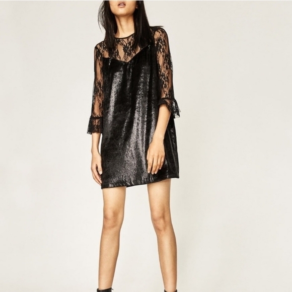 Zara Dress Metallic Velvet Lace Shift Illusion Goth Mini - Picture 2 of 11